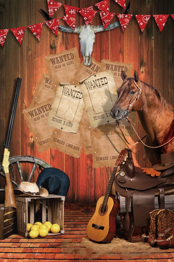 Laeacco Western Cowboy Backdrop Wild West Rustic Wooden Board Horse Wheel Cowboy Baby Shower Kid Portrait Photography Background