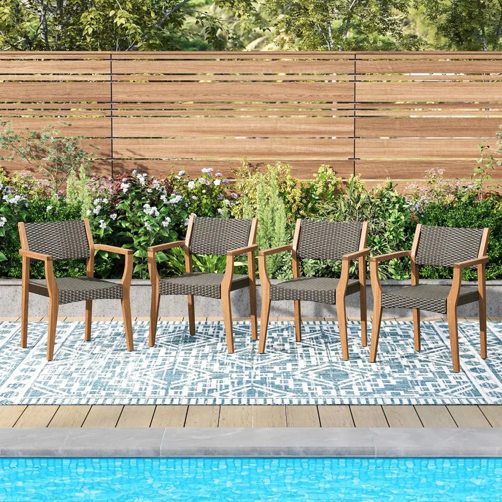 

Outdoor Acacia Wood Chairs，Heavy-Duty Dining Armchairs with Wicker Back & Seat, Farmhouse Style Teak Seating Furniture