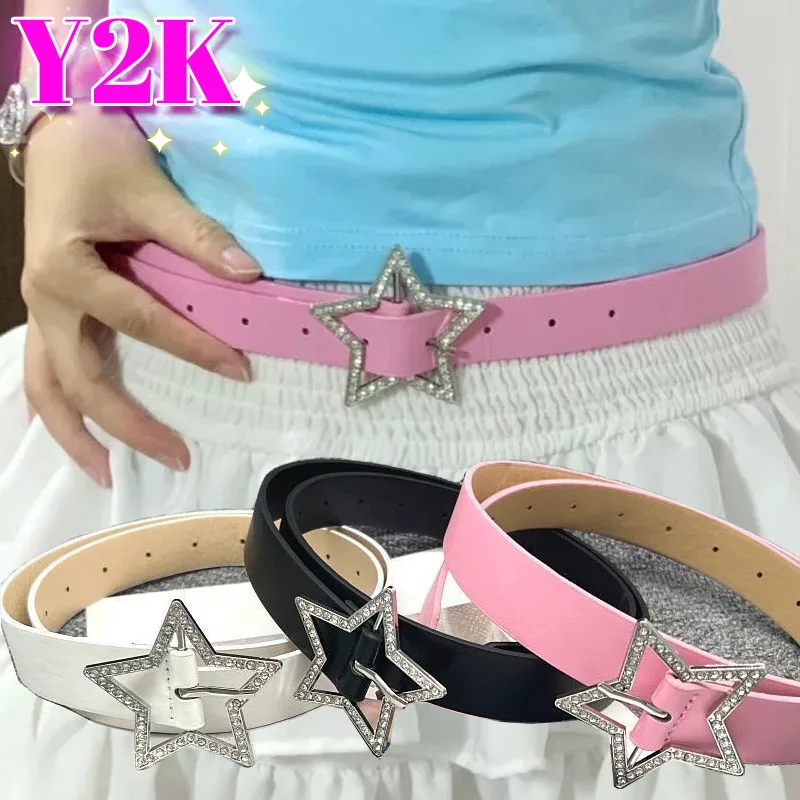 Pink Black White Star Belt Y2K Belts for Women Girls Denim Star PU Leather Rhinestones Belt Ins Sweet Cool Corset Jeans Belts