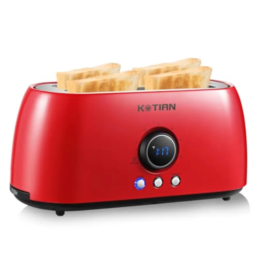 

4-Slice Retro Long Slot Toaster with Countdown Timer Stainless Steel Red Bagel Defrost Reheat Cancel Functions Extra Wide Slots