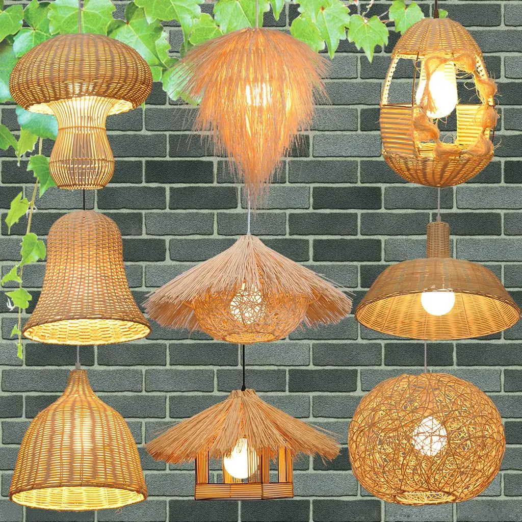 South East Asia Pastoral Chandelier Catering Light Rattan Handmade Bird's Nest Straw Hat Round Ball Mushroom Creative Chandelier