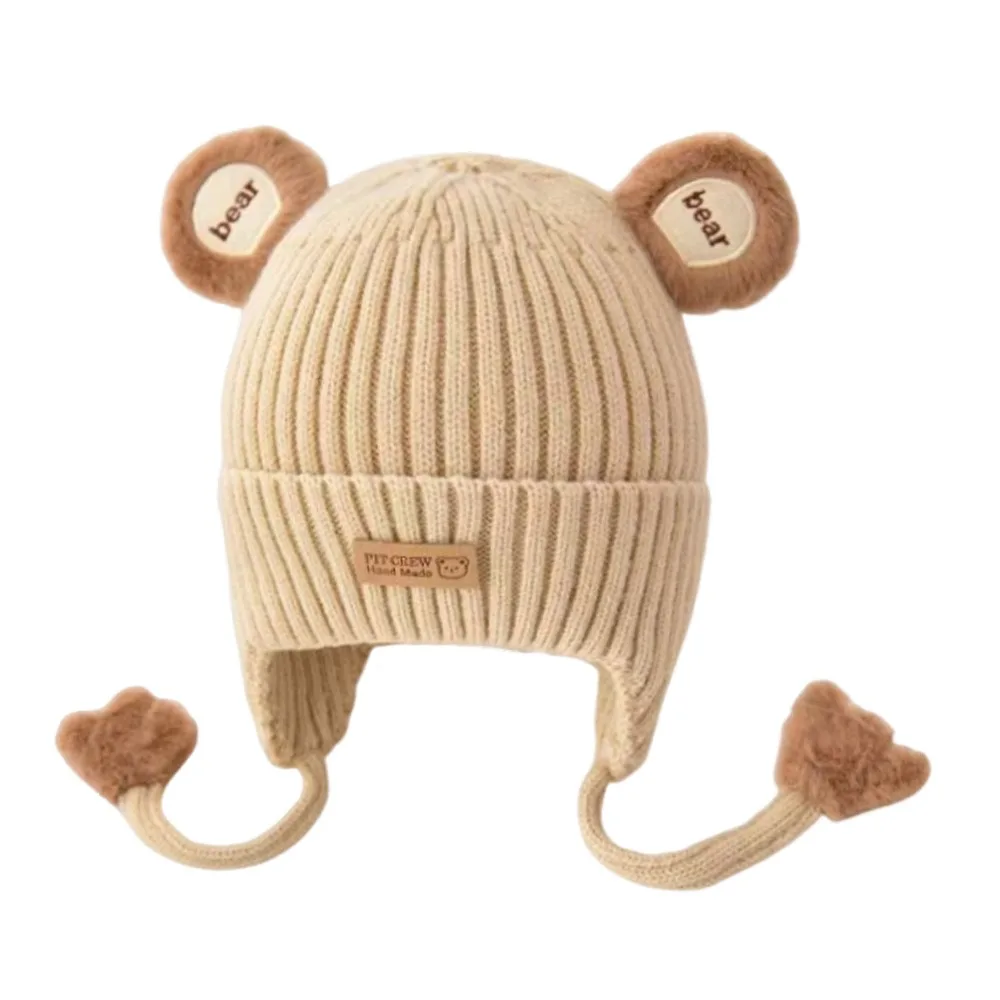 

Шапка-бини с милым медведем для малышей, вязаный материал со шнуровкой, зимняя теплая шапка, теплая шапка с хлопковой подкладкой, защитная шапка для ушей