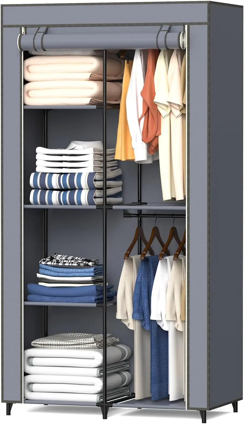 

Portable Closet with 6 Shelves and 2 Hanging Rods, Non-Woven Fabric Cover, Gray Organizer for Bedroom