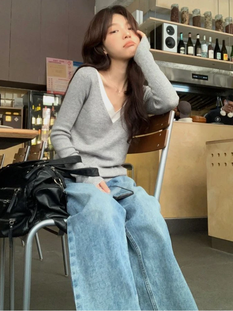 Fake Two Pieces Pullovers Women Sexy Solid Charming Korean Style All-match Autumn Simple Daily Slim Young Ladies Sweet Popular