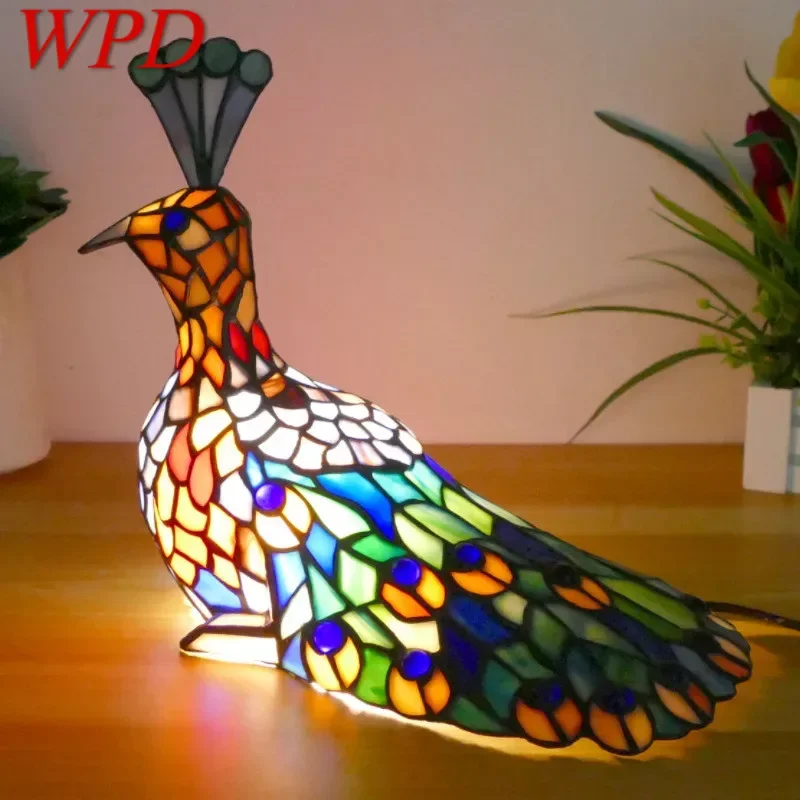 

WPD Tiffany Peacock Table Lamp Art Living Room Bedroom Children's room Homestay Stained Glass Decoration Desk Lamp