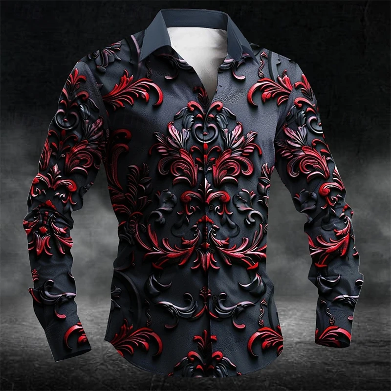 Fashion Relief Sculpture Graphic Shirts Trend Spring Autumn 3D Printed Long Sleeve Shirt Loose Streetwear Lapel Mens Clothing