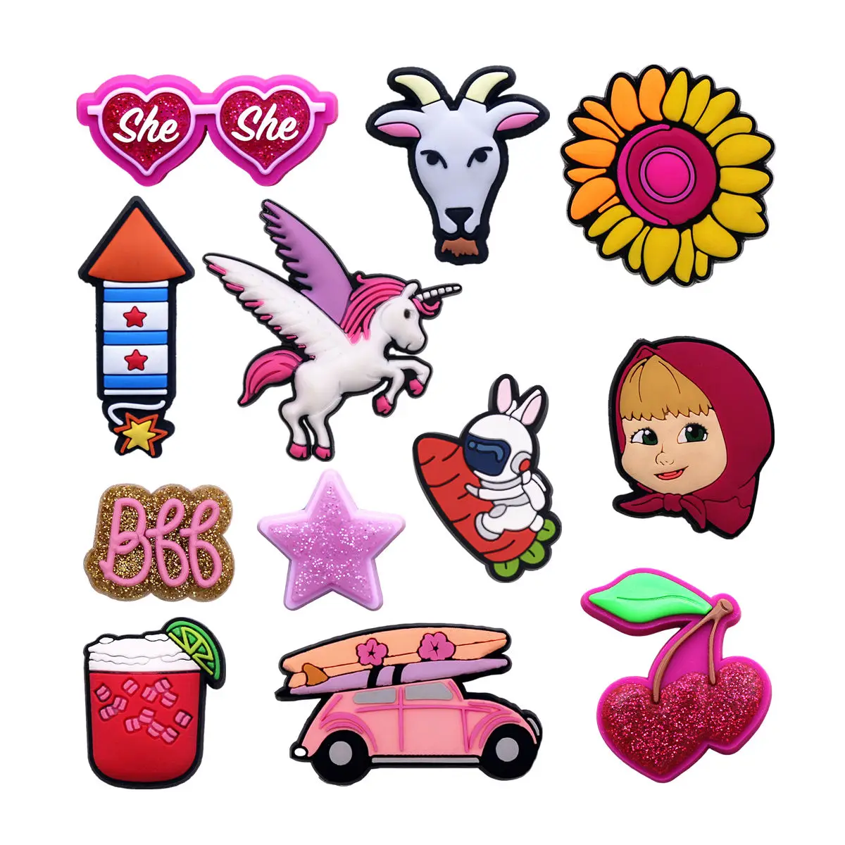 NEW 1 Pcs Pink Travel Car PVC Shoe Charms Decorations Shining Cherries Shoe Buckle Accessories Unicorn Clogs Clips Friends Gifts