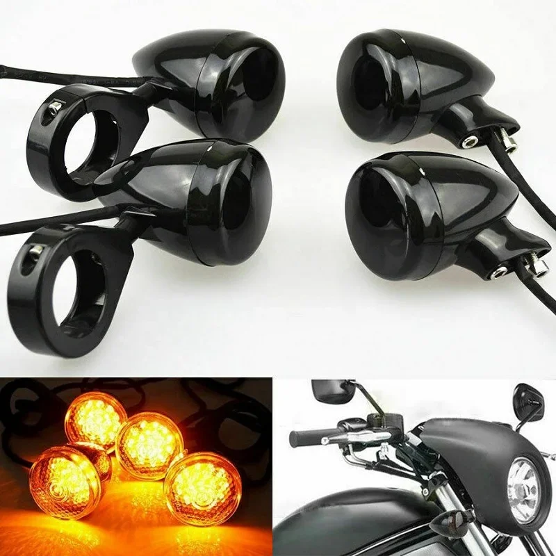 

Motorcycle LED Turn Signal Lights 4Pcs For Harley Indicator Lamps Chrome and Black Housing 41mm with Front Rear Fork Clamp