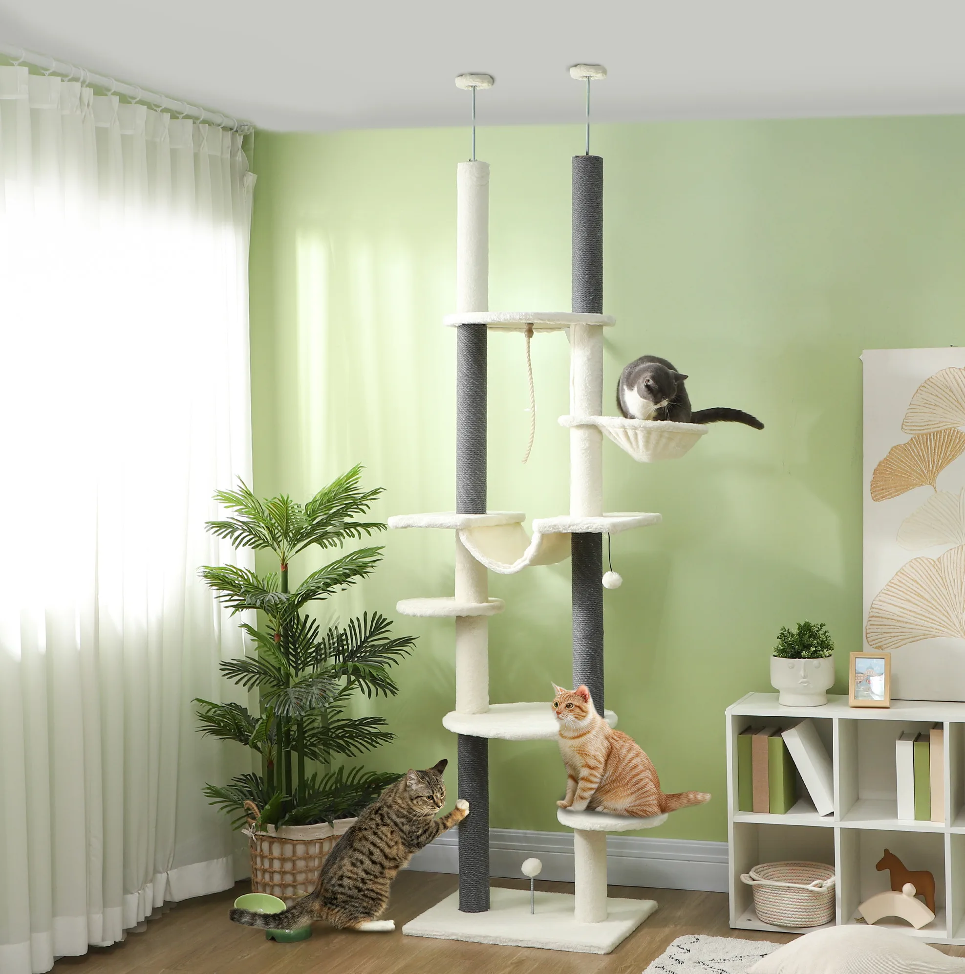 Verstelbare hoogte kattenboom van plafond tot vloer, 225-255 cm, met hangmatten, krabpalen en speelaccessoires in wit
