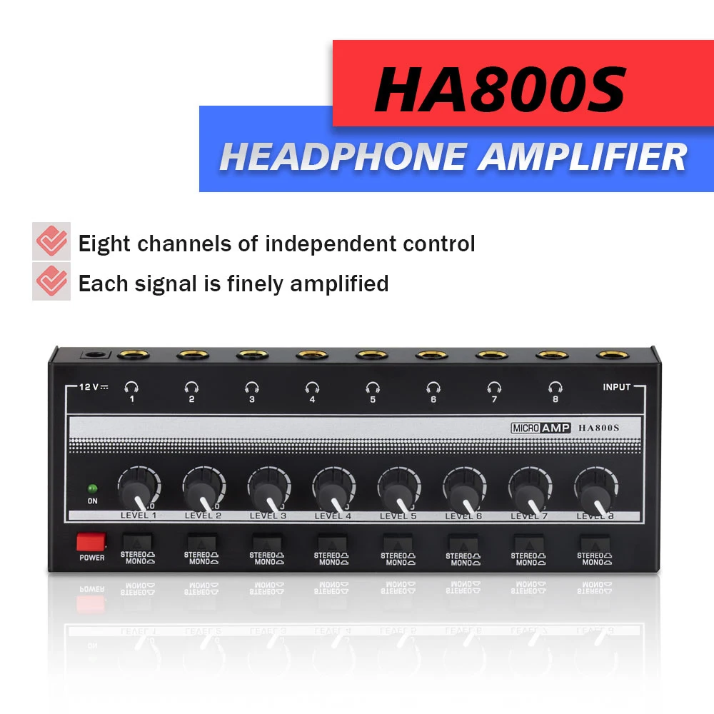 8 Channels HA800S Mini Stereo Headphone Amplifier Ultra-Compact Audio Amplifier With Power Adapter  9pcs 6.5 3.5mm Converter