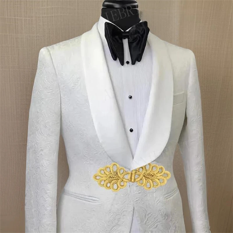 Floral Men Suit Jacket with Gold Mandarin Button 1 Pc Wedding Tuxedo Blazer Shawl Lapel Slim Fit Fashion African Style Male Suit