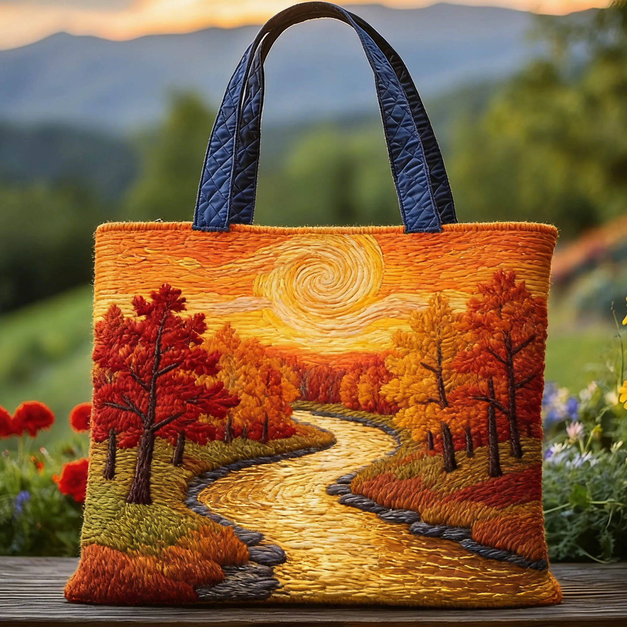 

Художественная стеганая сумка-тоут с осенним пейзажем, большая вместительная ретро-сумка на плечо для путешествий, шопинга и ежедневных поездок