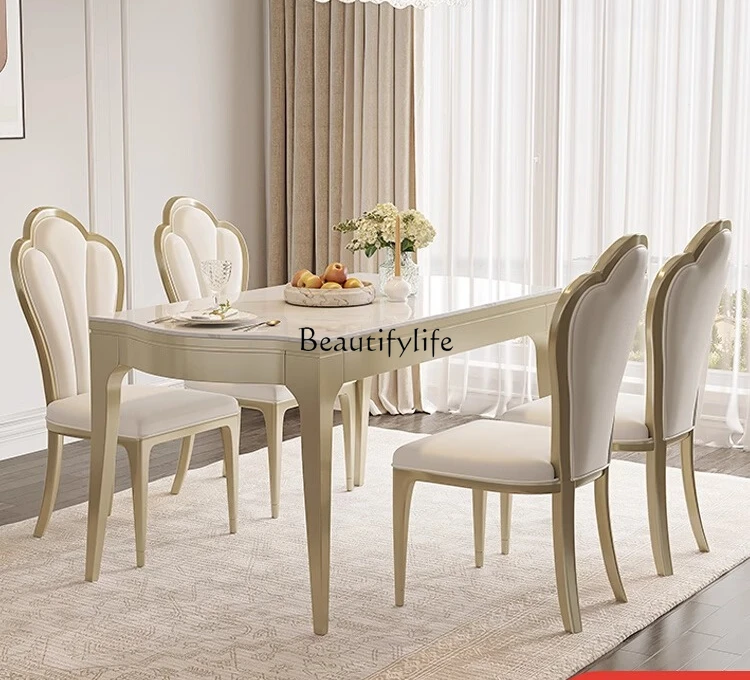 03.American light luxury rock slab rectangular dining table household French solid wood