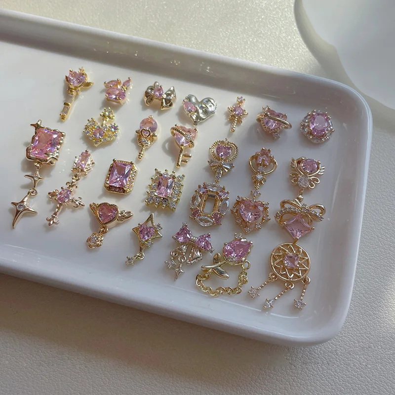 10 pçs amor arco flor de cerejeira estrela rosa decorações de unhas super glitter zircão rosa série flash acessório