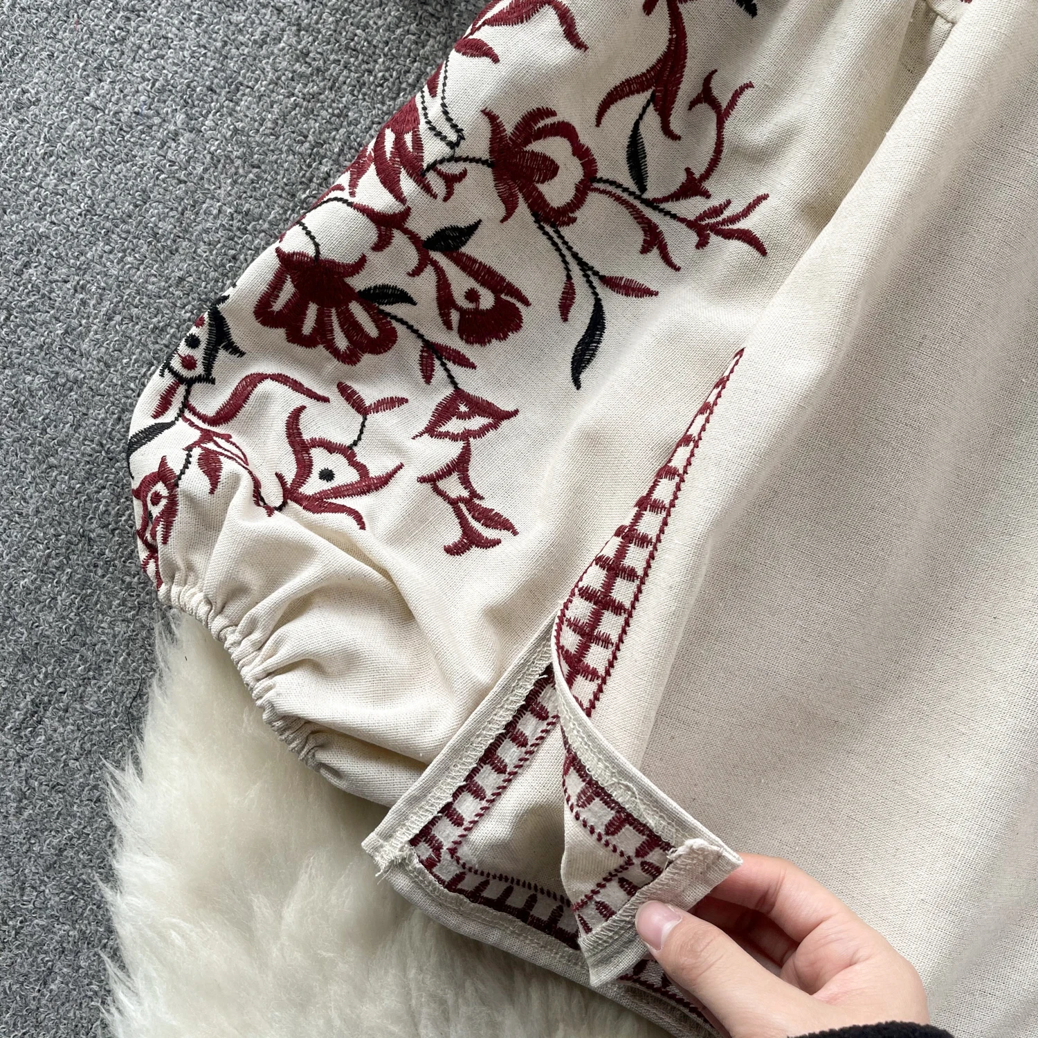 Vintage Elegant Embroidery Lace Up Puff Long Sleeve Loose Blouse Fashion Lapel Shirt Casual Chic Top Fairy Summer Women Shirt