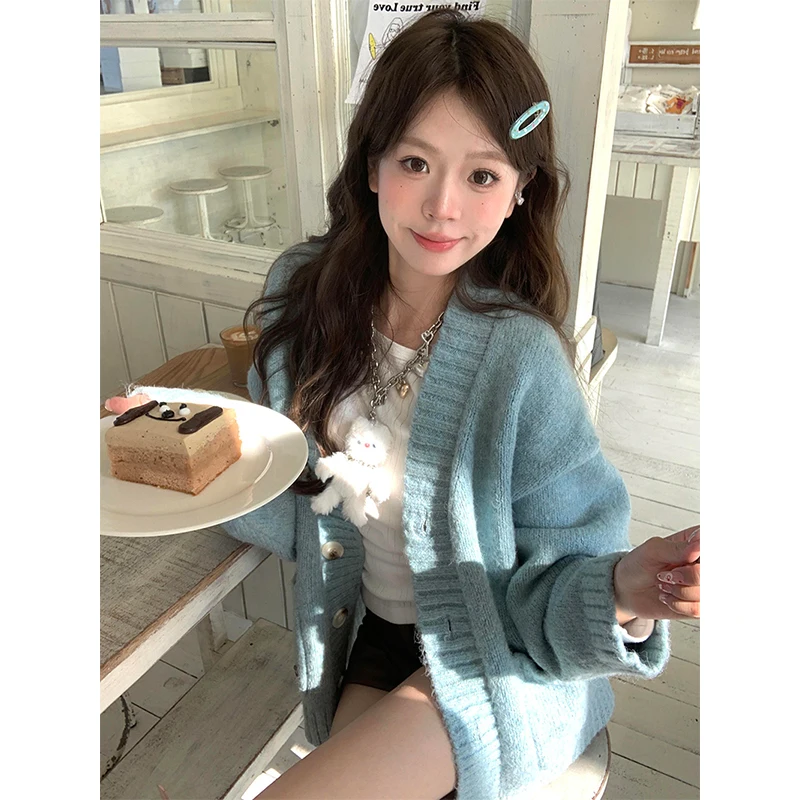 

Streetwear Knitted Cardigan Women V Neck Oversized Sweater Outerwears Korean Single Breasted Knitwears Winter Fashion Jumpers
