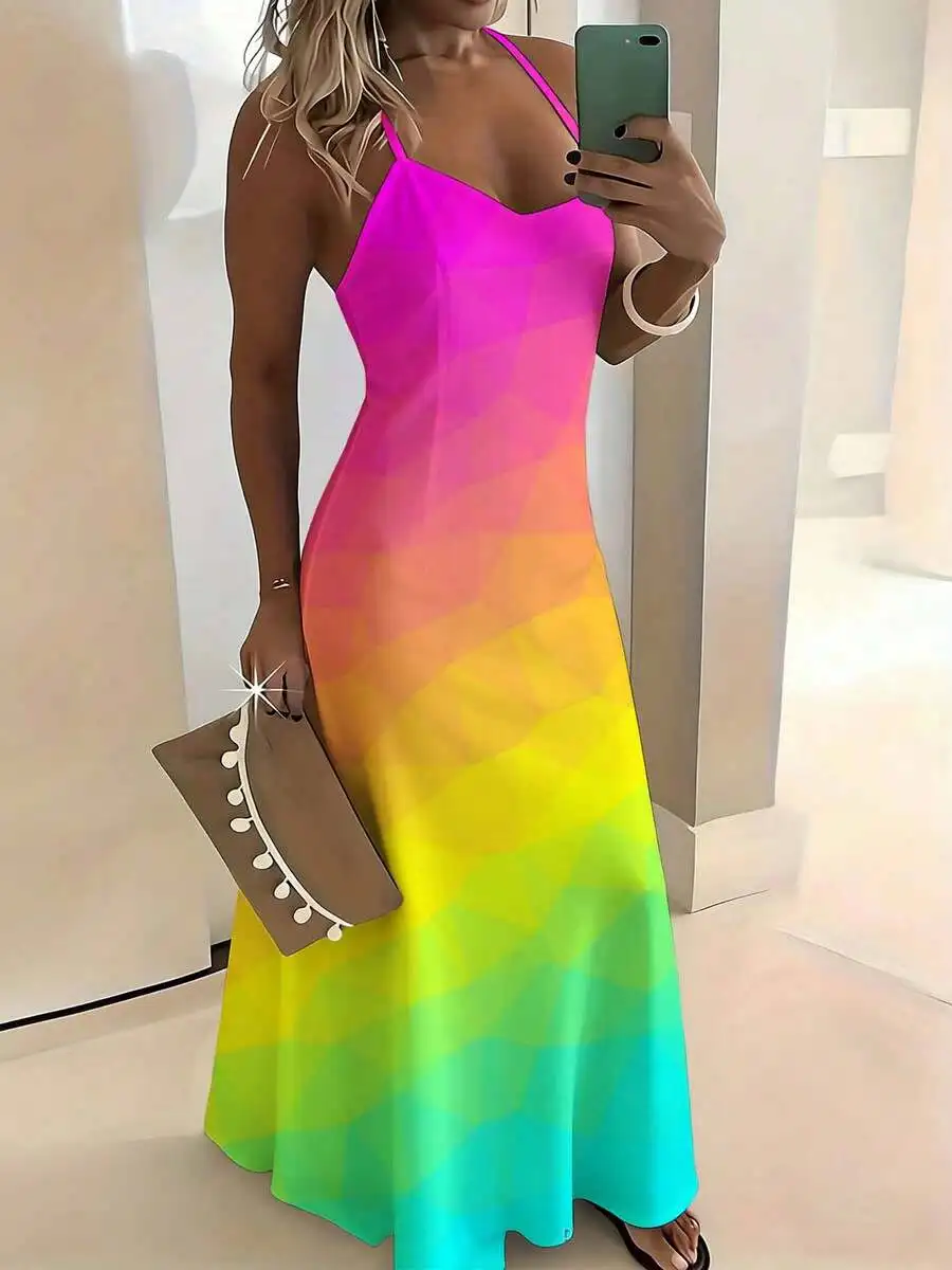 

Colorful Gradient Maxi Dress Women Sleeveless Long Beach Party Vacation Dress