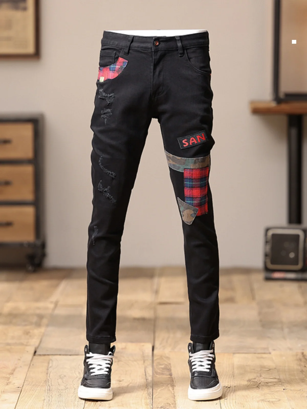 

American Sle Patchwork Denim Jeans Men's Autumn Winter Elastic Slim Fit Casual Long Pants Trendy Brand Cotton Stretch Denim