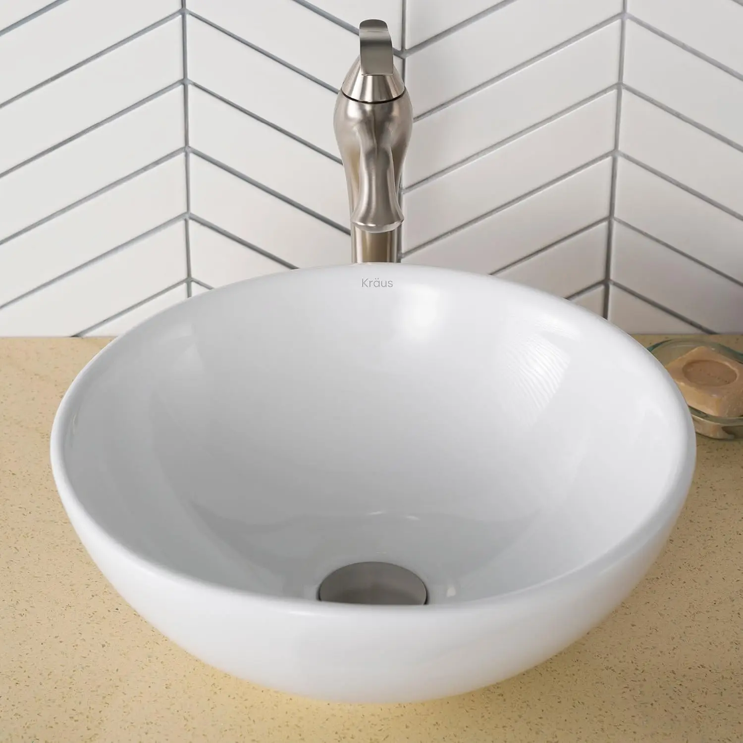 KRAUS Elavo Round Vessel White Porcelain Ceramic Bathroom Sink, 16 inch KCV-141