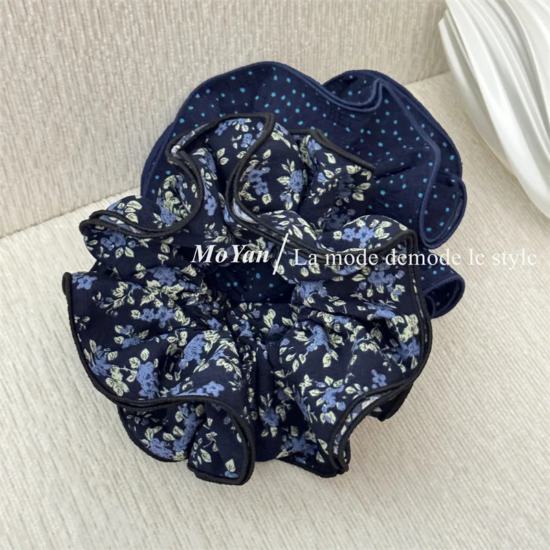 الكورية الرجعية البولكا نقطة الأزهار Scrunchie للنساء المتخصصة جو الشعر التعادل الإنترنت المشاهير الشعر حبل زهرة شعر أنيقة #2