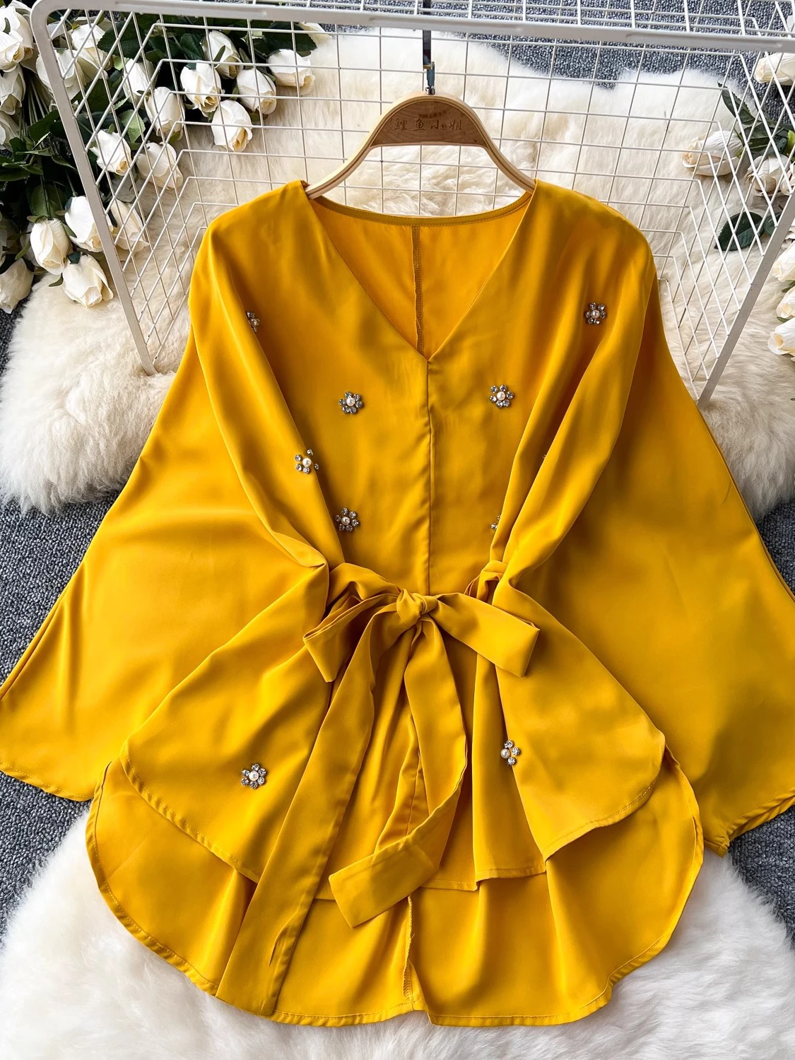 Spring Autumn Women Yellow/Rose Red/Green Two Piece Set Female Diamonds Patchwork Blouse + Midi Skirt Suit 2Pcs New Fashion 2024