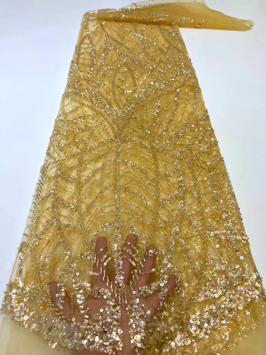 

Glittering Gold Sequence Lace Fabric 2022 High Quality Lace Swiss 5 Yards,Beaded Lace Materials African Materials For Wedding