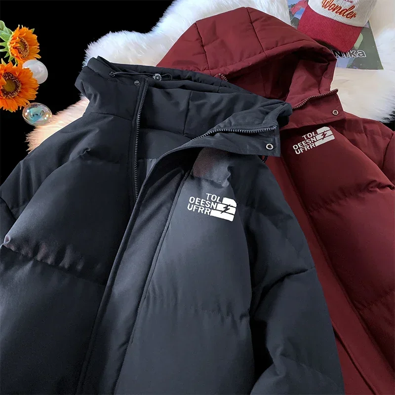 Chaqueta con capucha para hombre, Parkas nuevas de invierno, moda Harajuku, prendas de vestir informales para parejas, abrigos cálidos acolchados con estampado de letras para hombre 2024