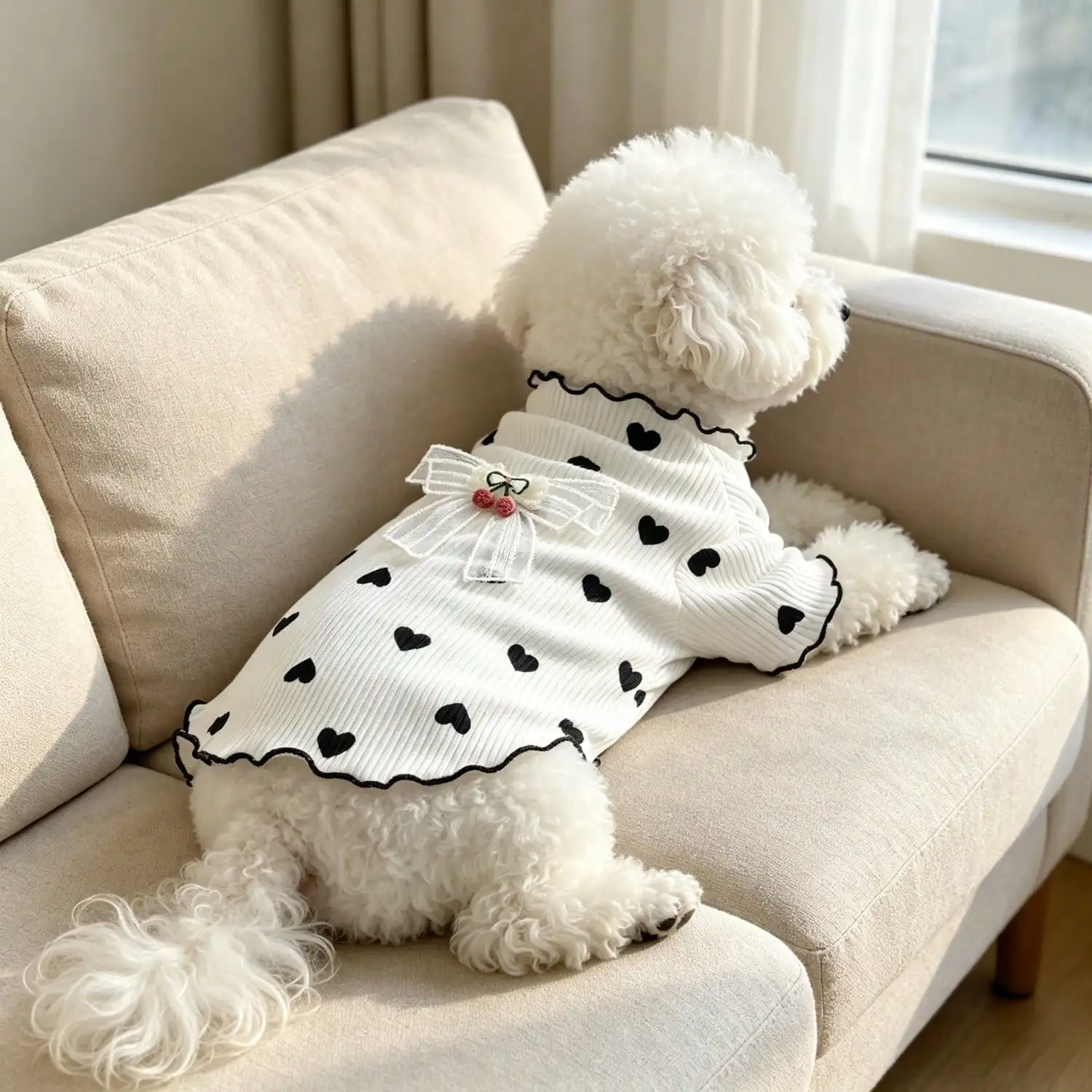 1 Stück Haustier-Hundetop mit Herz-Print, Rüschenbesatz, niedlicher Netzschleife und Kirschdekoration, Pullover-Shirt, weiche Strickkleidung – Detail 21