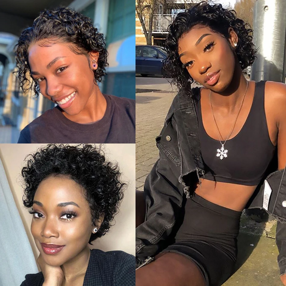 Pixie Cut Wig Short Bob Curly Human Hair Wigs perruque bresillienne Cheap 13X1 Transparent Lace Wig Water Deep Wave Human Hair