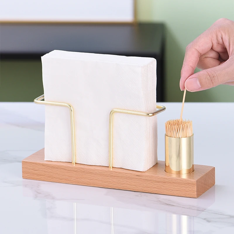 Paper Towel Holder with Wooden Base, Tabletop Napkin Rack, Beech Wood Tissue Holder with Toothpick Dispenser