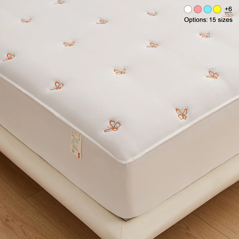 Premium Quilted Mattress Protector with Butterfly Embroidery,Soft Breathable Padded Fitted Mattress Cover,Dust‑Proof Deep Pocket