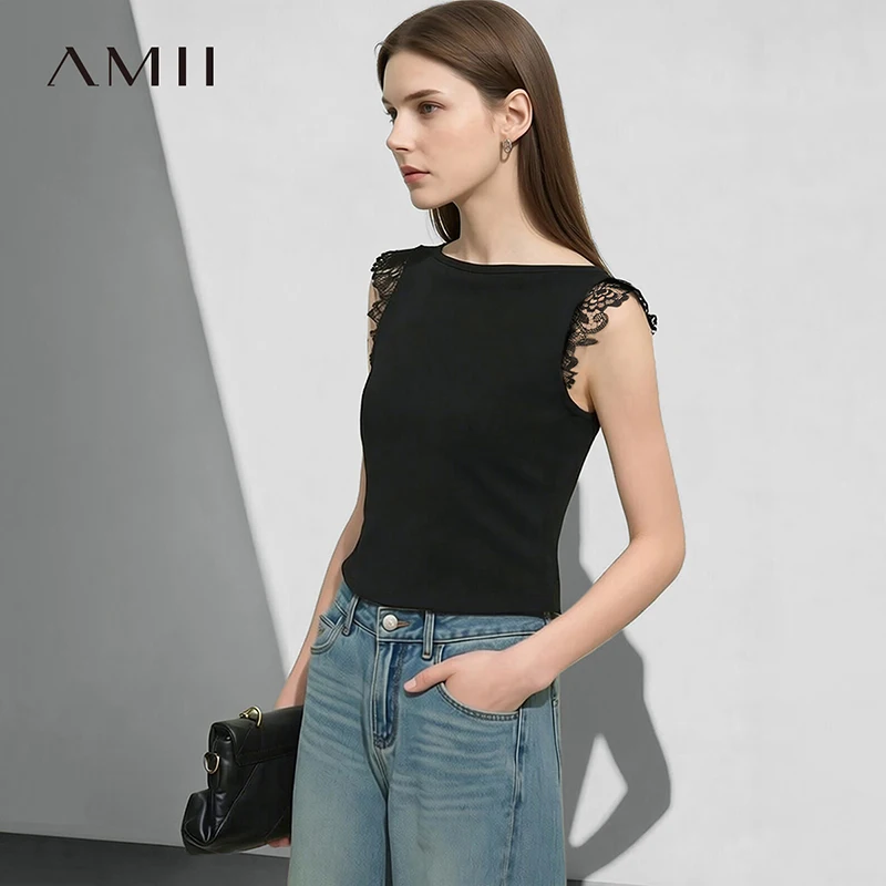 

Женская футболка Amii 2026: Новинка лета, кружевные вставки, рукава-крылышки, эластичный хлопок, вырез-лодочка, облегающий повседневный топ для женщин 12622109