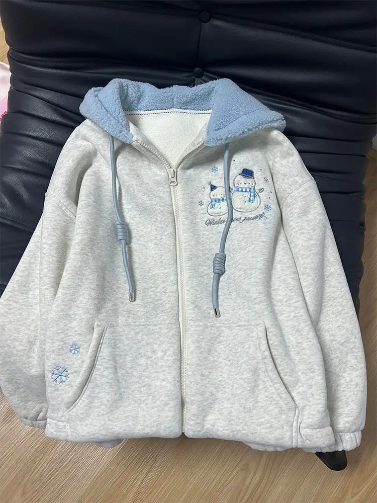 Cardigan ouvert à capuche pour femme, sweat-shirt rétro brodé, vêtements d'extérieur amples, tendance hiver 2025, nouveau style coréen