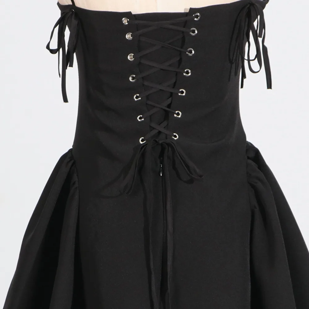 2025 New Women Sexy Spaghetti Straps Black Mini Ball Gown Dress Low Waist Lacing Up Back Party Skater Dresses Summer Robe