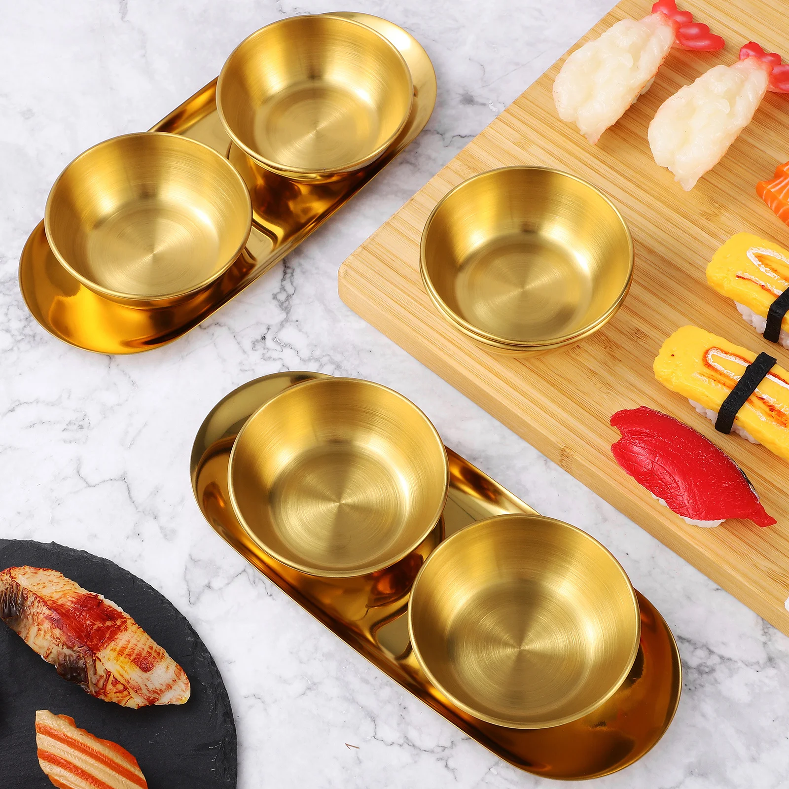 

6 pcs Stainless Steel Dipping Bowls Set With 2 Oval Serving Platters Seasoning Sauce Dishes For Sushi Ketchup Salt Spices