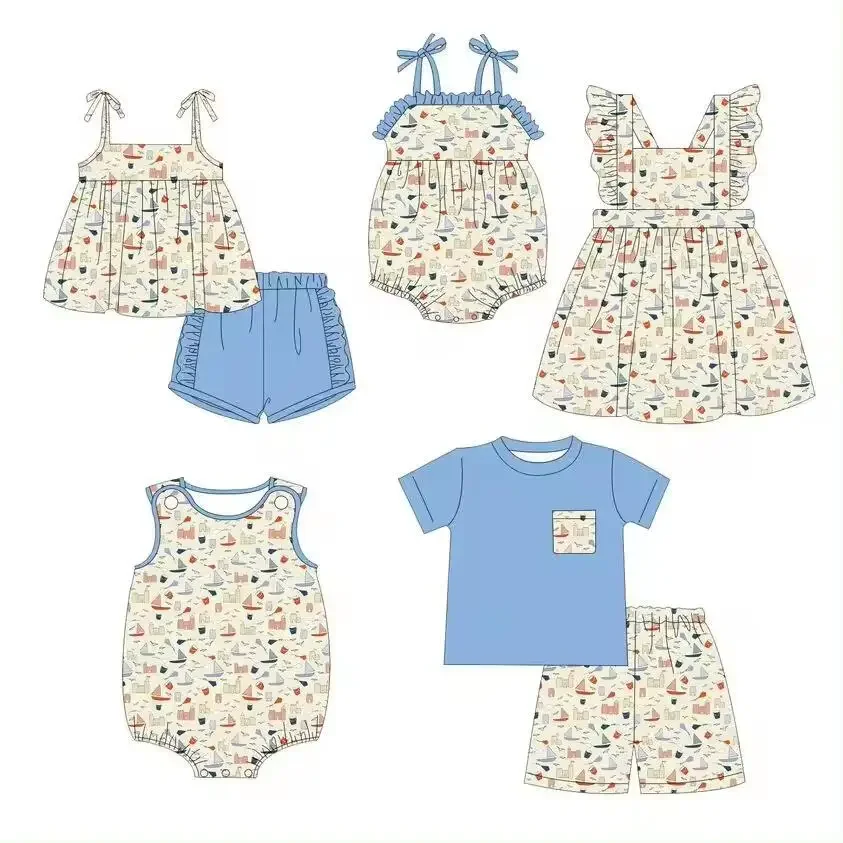 Wholesale newborn clothes blue short sleeve top sailboat print Baby girl's pearl dress New design milk silk