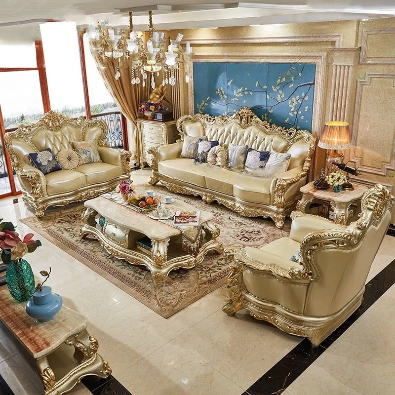 

European leather sofa 124 combination solid wood carving flower Turkish court sofa villa leather sofa