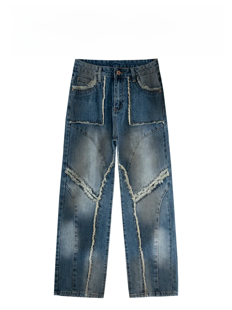 

BAIRBAOLIY Cool Haome Vintage Distred Patchwork Frayed American Retro Faion Loose Straight Leg Jeans Long Pants
