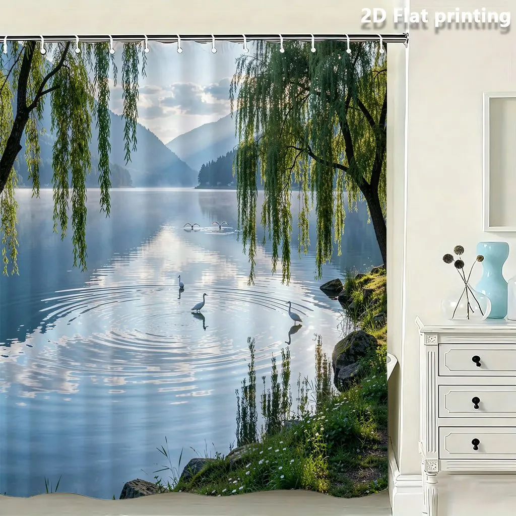 Aesthetic Nature Landscape Waterproof Shower Curtain Willow Tree Print Bathroom Decor Serene Lakeside View Curtain for Modern Ho