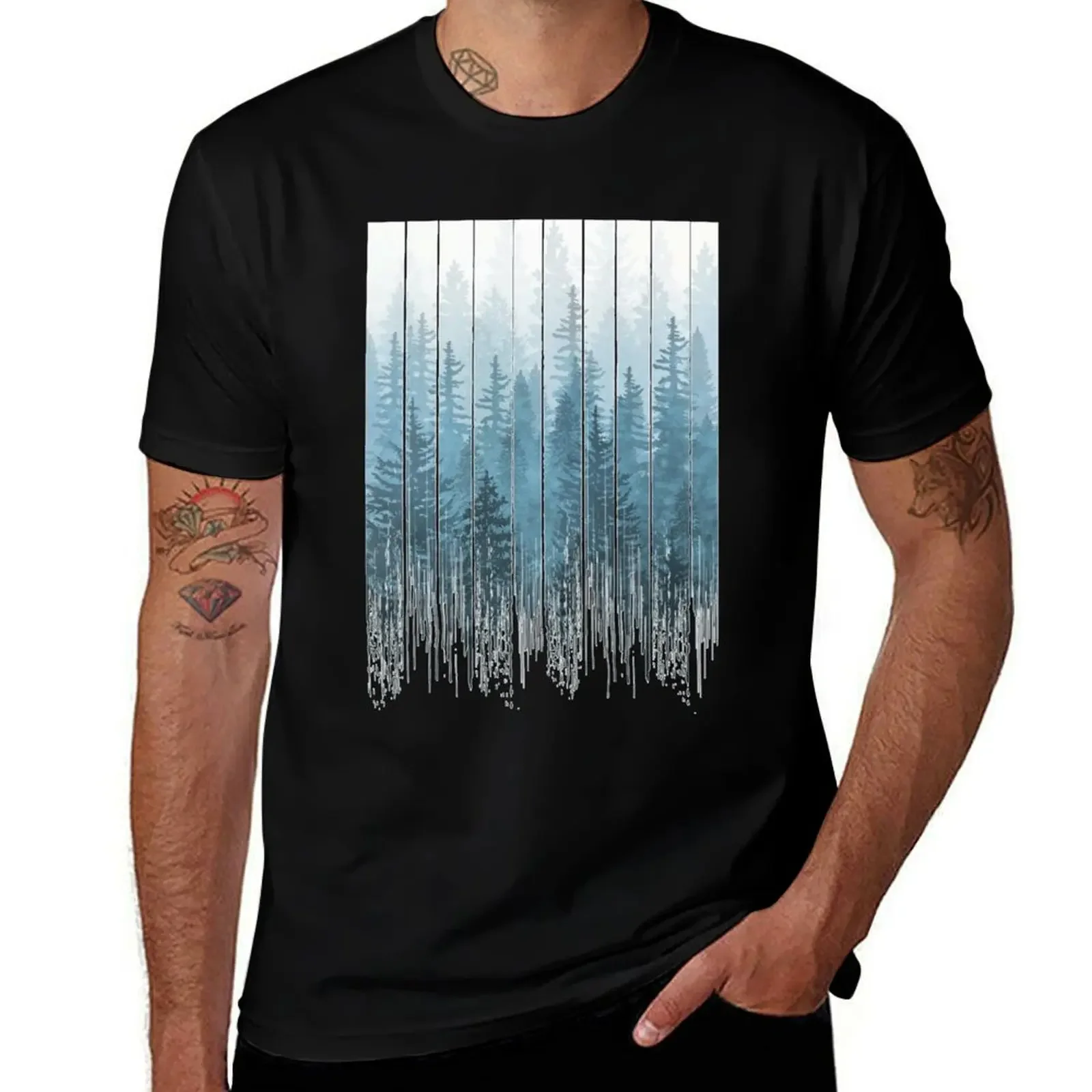 

Grunge Dripping Turquoise Misty Forest T-Shirt luxury designer Man t-shirt summer tops blue lock t shirts for men cotton