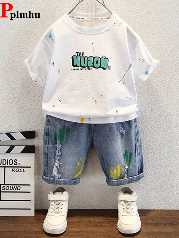 Korean Boys Summer Conjuntos Fashion Short 2 Piece Sets Kids O Neck Print T-shirts And Children's Shorts Jeans Ensembles