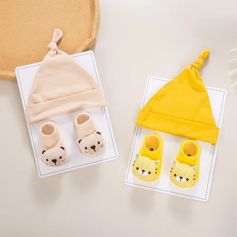 

Милая шапочка с заячьими ушками, нескользящая напольная носка для новорожденных, мягкая хлопковая вязаная шапка с героями мультфильмов для младенцев с носками, реквизит для фотосъемки малышей