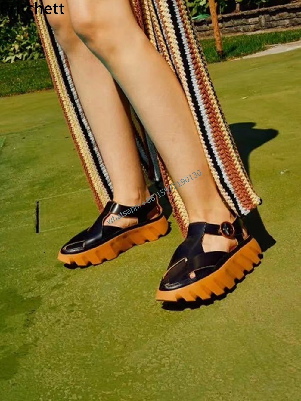 

Weave Thick Soled Mixed Color Sandals Platform Round Toe Buckle Strap Shoes Breathable Hollow Leisure Outdoor Beach Shoes