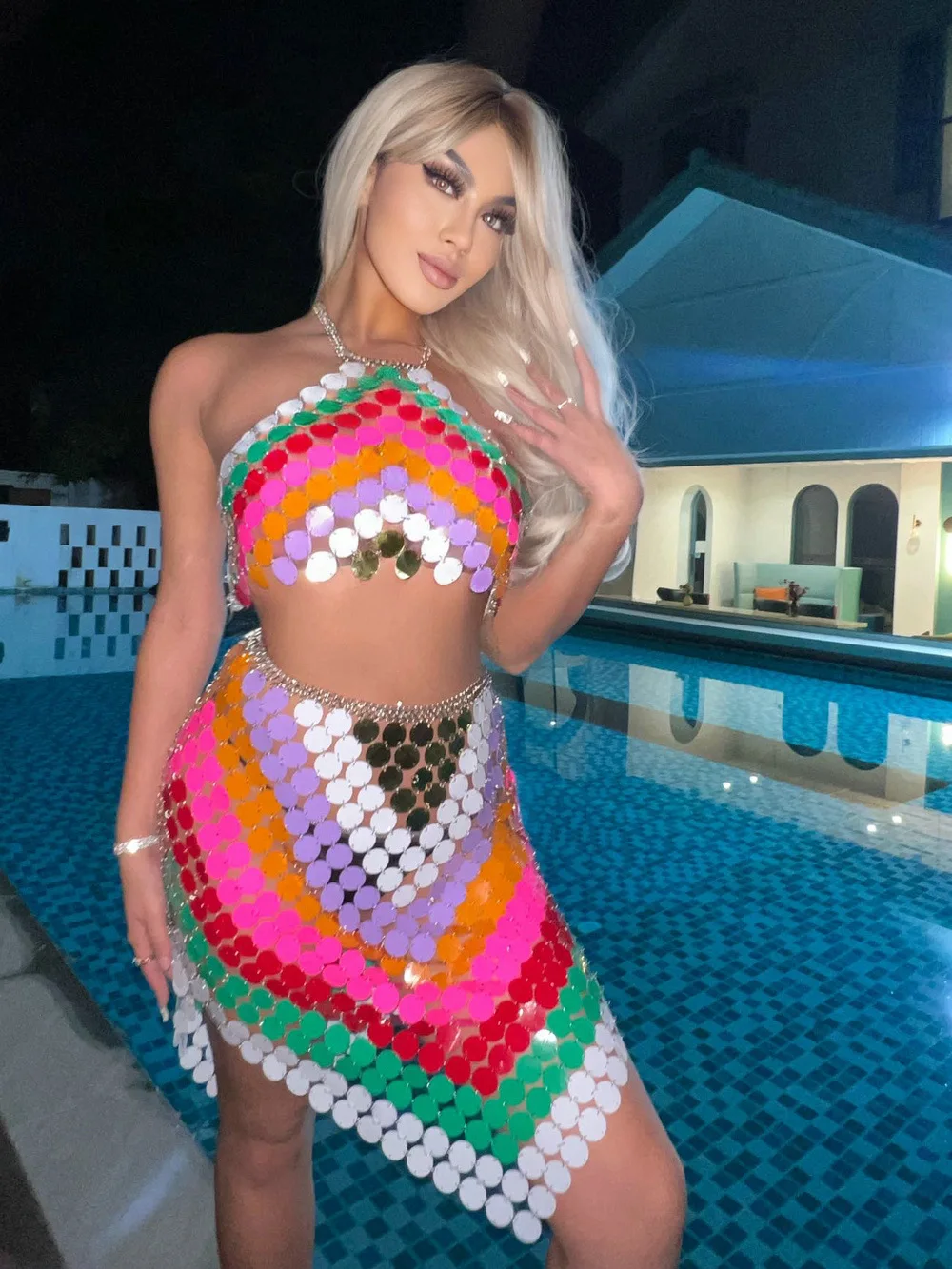 

Boho Inspired Handmade Chainmail Rainbow Set Sexy Crop Top Body Chain Mini Skirt Disc Colorful Sequin Nightclub Beach Outfit