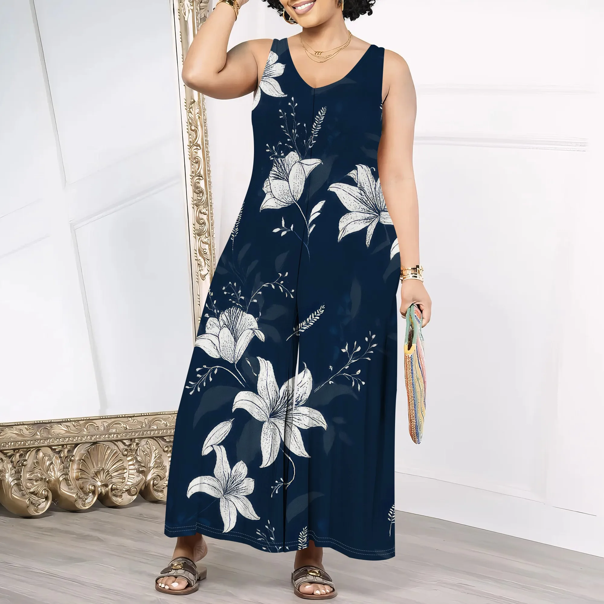 Abito lungo estivo da donna in cotone e lino senza maniche, eleganti abiti fluidi, taglie forti, ampio e comodo con tasche