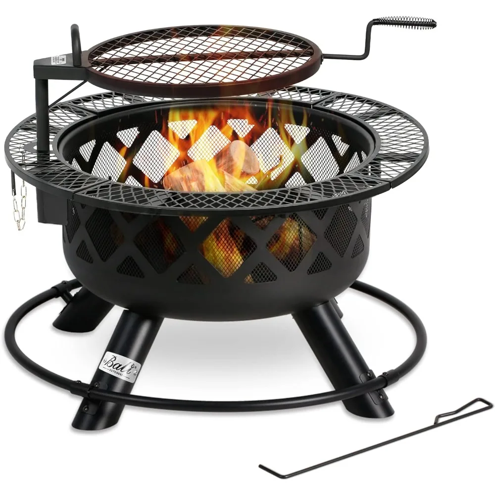 

Wood Burning Fire Pit, 32 Inch Outdoor Backyard Patio Fire Pit with 18.7 Inch Cooking Grill Grate, Black Outdoor Fireplace