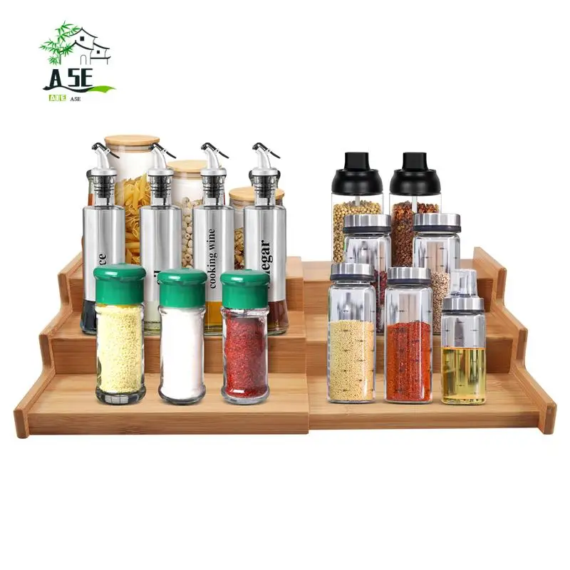 

A05E-Spice Rack Kitchen Cabinet Organizer- 3 Tier Bamboo Expandable Display Shelf, Bamboo 3-Layer Adjustable Spice Rack