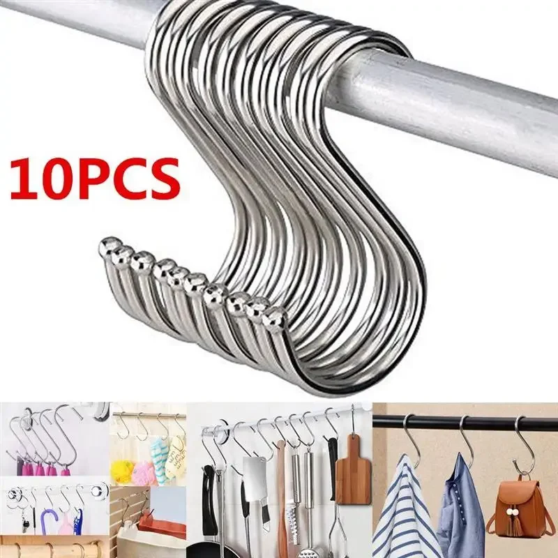 10pcs Stainless Steel Household Hooks Set for Hanging S Shape Hanger Practical Storage Holder for Kitchen Cabinet Office Home