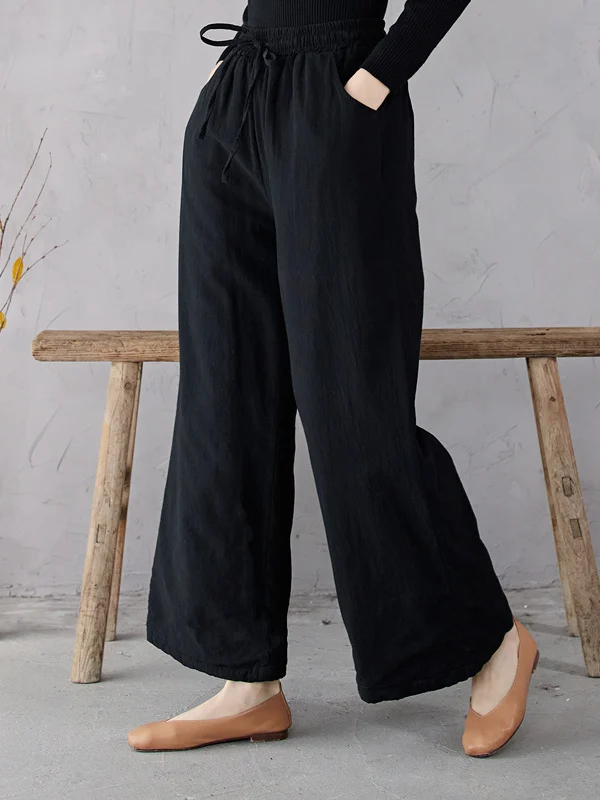 温かい綿麻ストレートレッグパンツ、カジュアルワイドレッグロングパンツ、プラスサイズ女性向け、秋冬、ミッドウエストベルト付き...