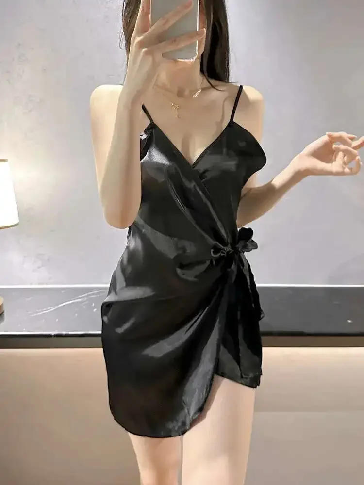 White Bow Mini Tank Dress Sweet Fashion Korean Women V Neck 2023 New Lingerie Uniform Ice Silk Robe Dress Elegant